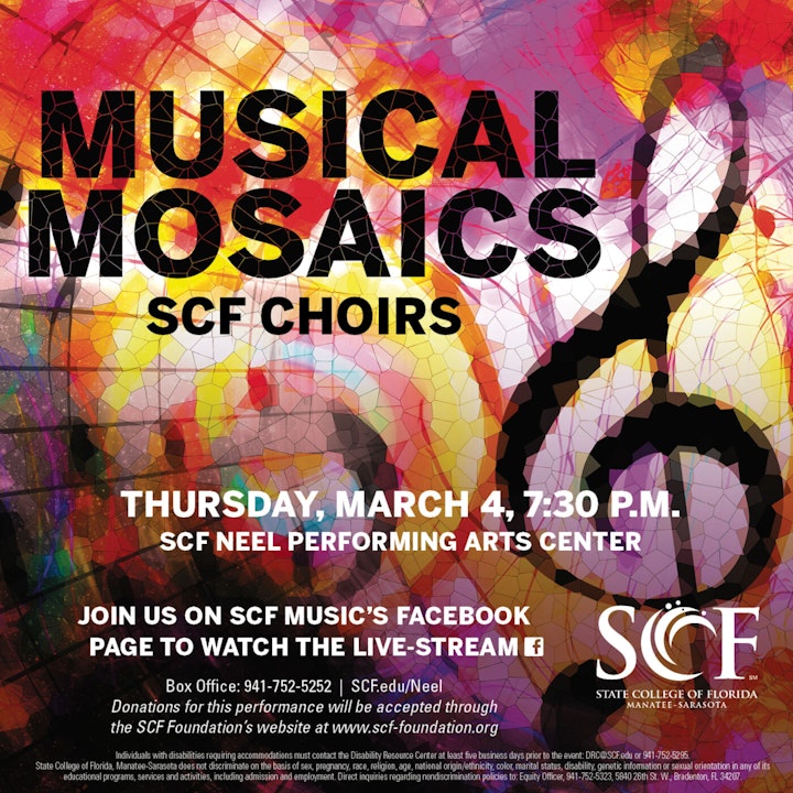 Musical Mosaics-Presented by the SCF Concert and Chamber Choirs, Thursday, March 4, 7:30 p.m.-Facebook Livestream